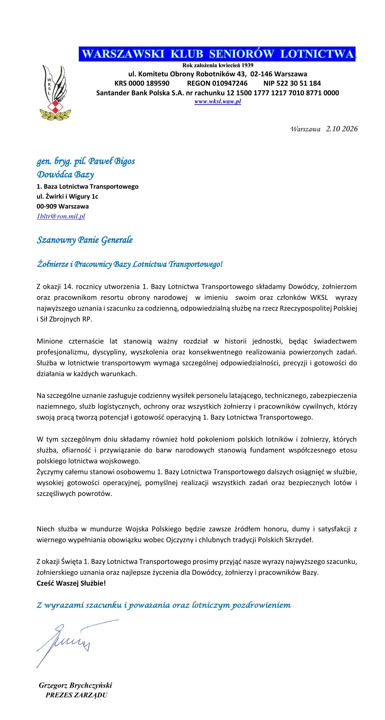List gratulacyjny Warszawskiego Klubu Seniorów Lotnictwa do Dowódcy 1 Bazy Lotnictwa Transportowego